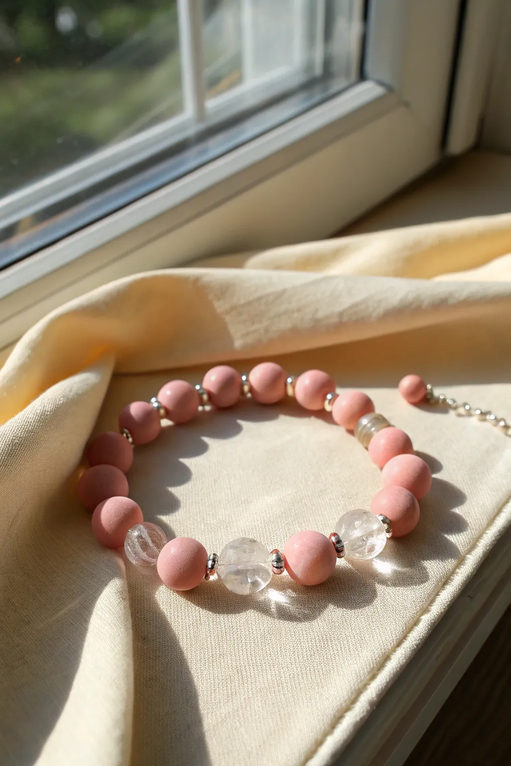 Blush pink clay bead bracelet with clear sparkle breaks, glowing in sunlight on simple linen.