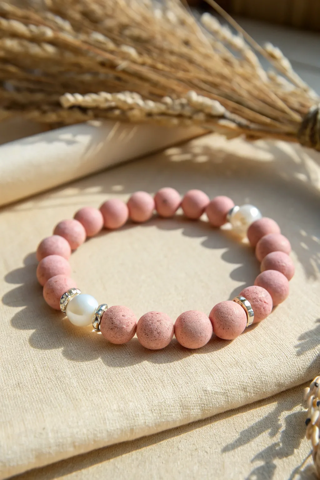 Soft pink clay beads with glossy pearl accents for a minimal, feminine bracelet look