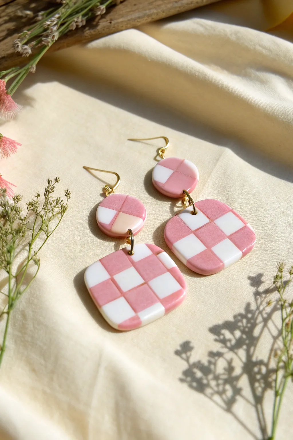 Minimal pink checkerboard slab earrings with gold hooks, Scandinavian boho style on a pale backdrop.