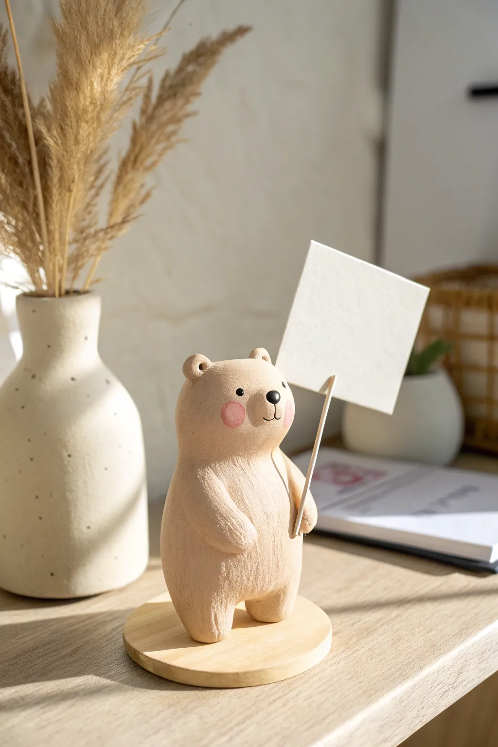 Chunky plasticine bear stand keeps your favorite photo upright, minimal desk styling, soft light.