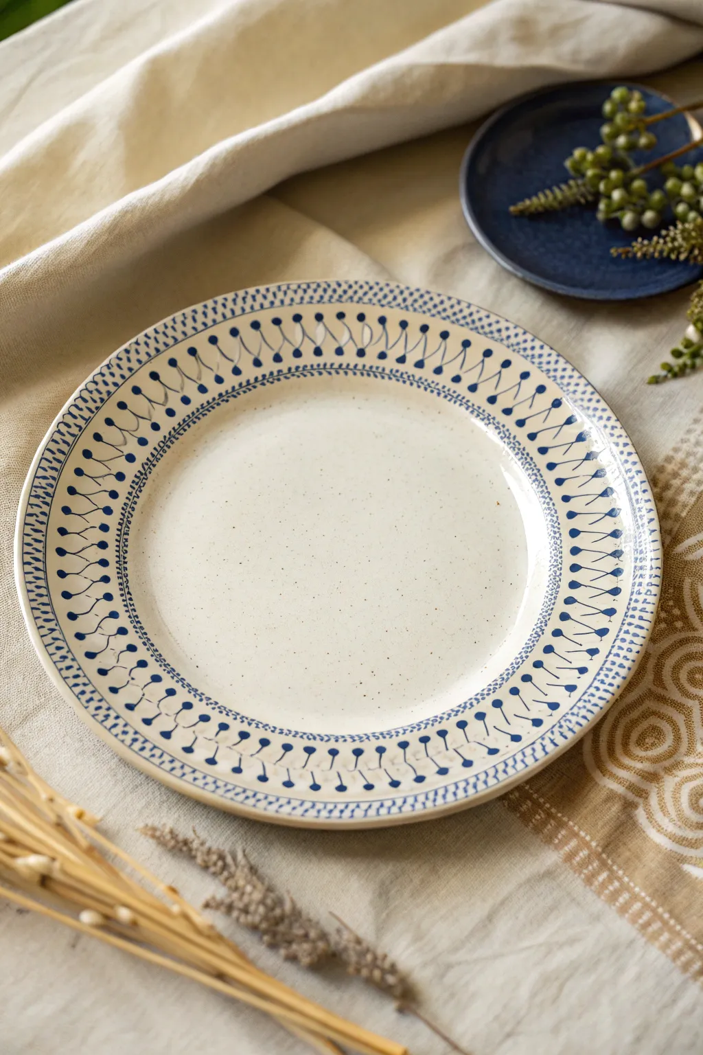 Minimal stenciled rim pattern in bold indigo for an effortless modern-boho plate upgrade.