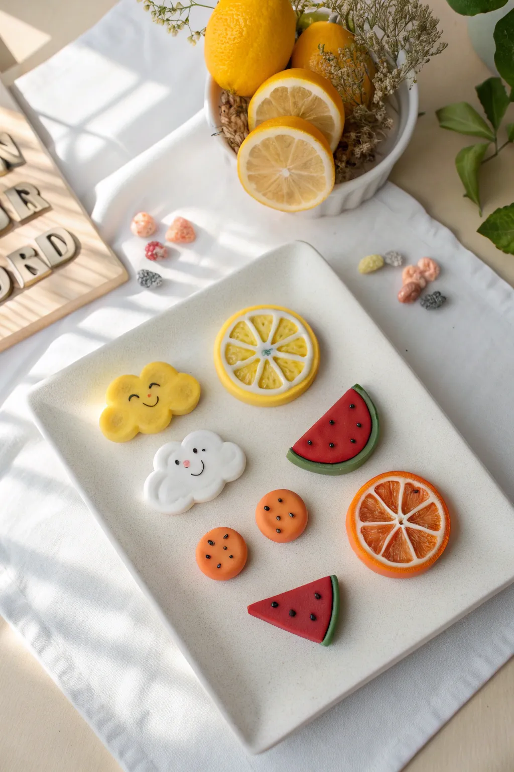 Cute polymer clay fruit slice and cloud fridge magnets in a clean grid for a soft minimalist look