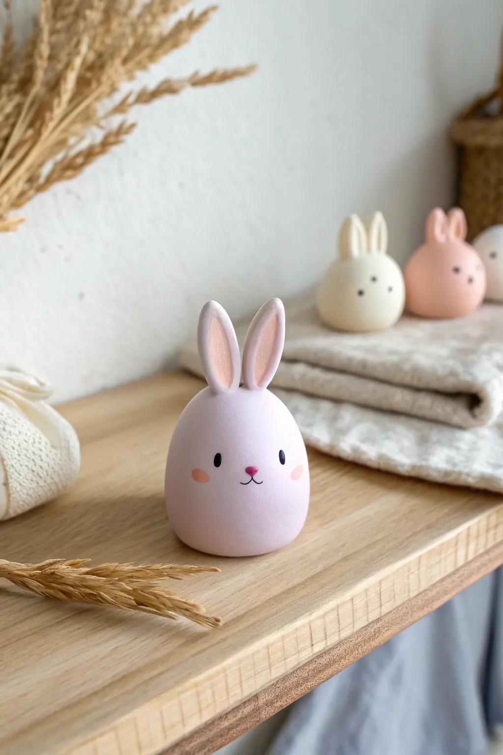 Plush-inspired polymer clay bunny mini in soft pastels, styled on a light wood shelf