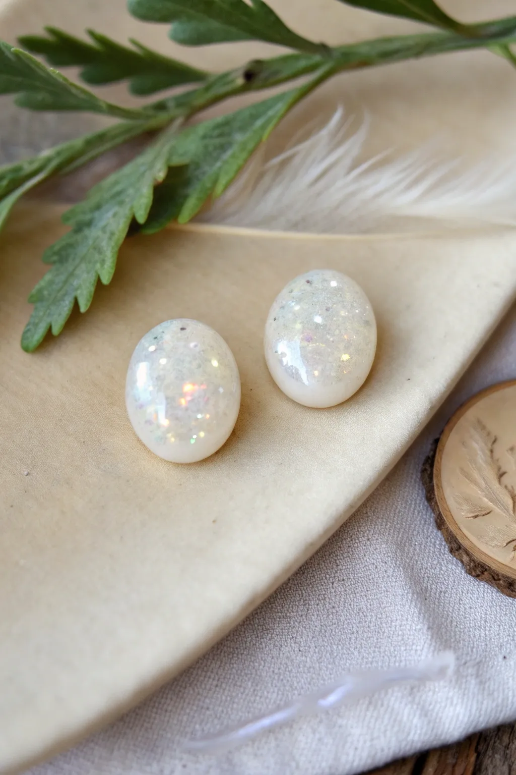 Faux opal polymer clay studs with a glossy sparkly resin dome for dreamy depth