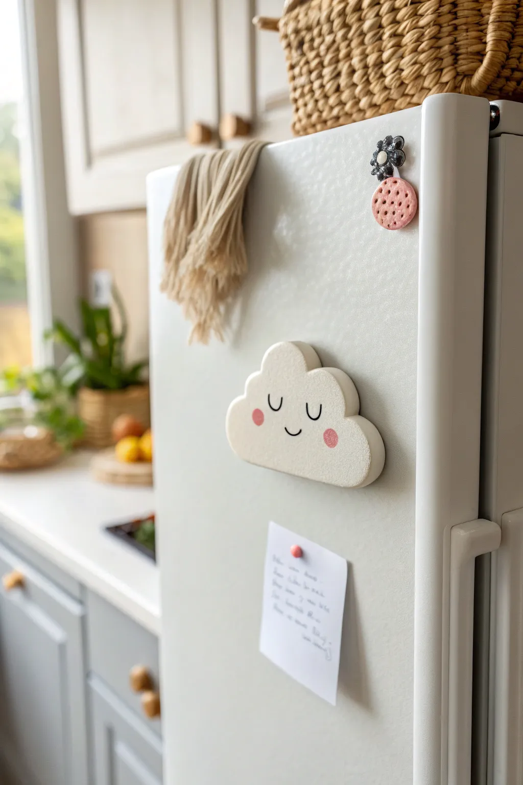 Cute pastel cloud face polymer clay magnet on a minimalist fridge, holding a blank note card