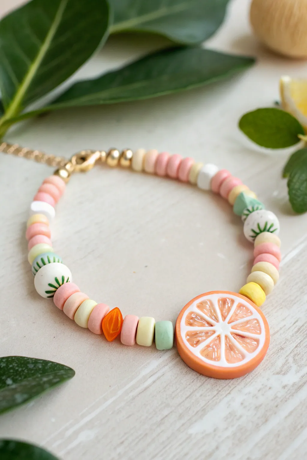 Fruity pop polymer clay bracelet with one bold orange slice bead and soft pastel heishi beads
