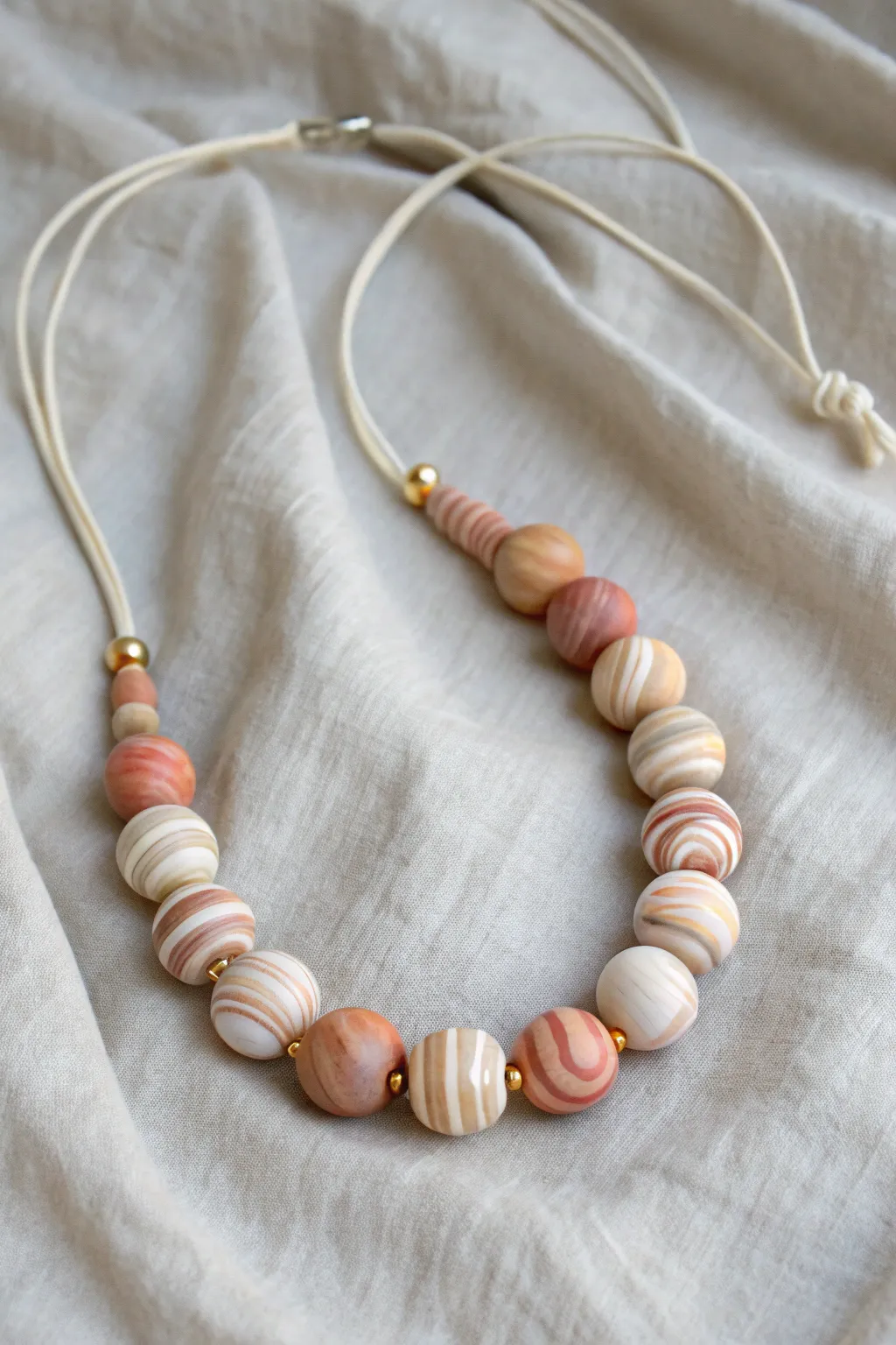 Faux agate polymer clay beads with soft banding and warm neutrals for an easy gemstone look