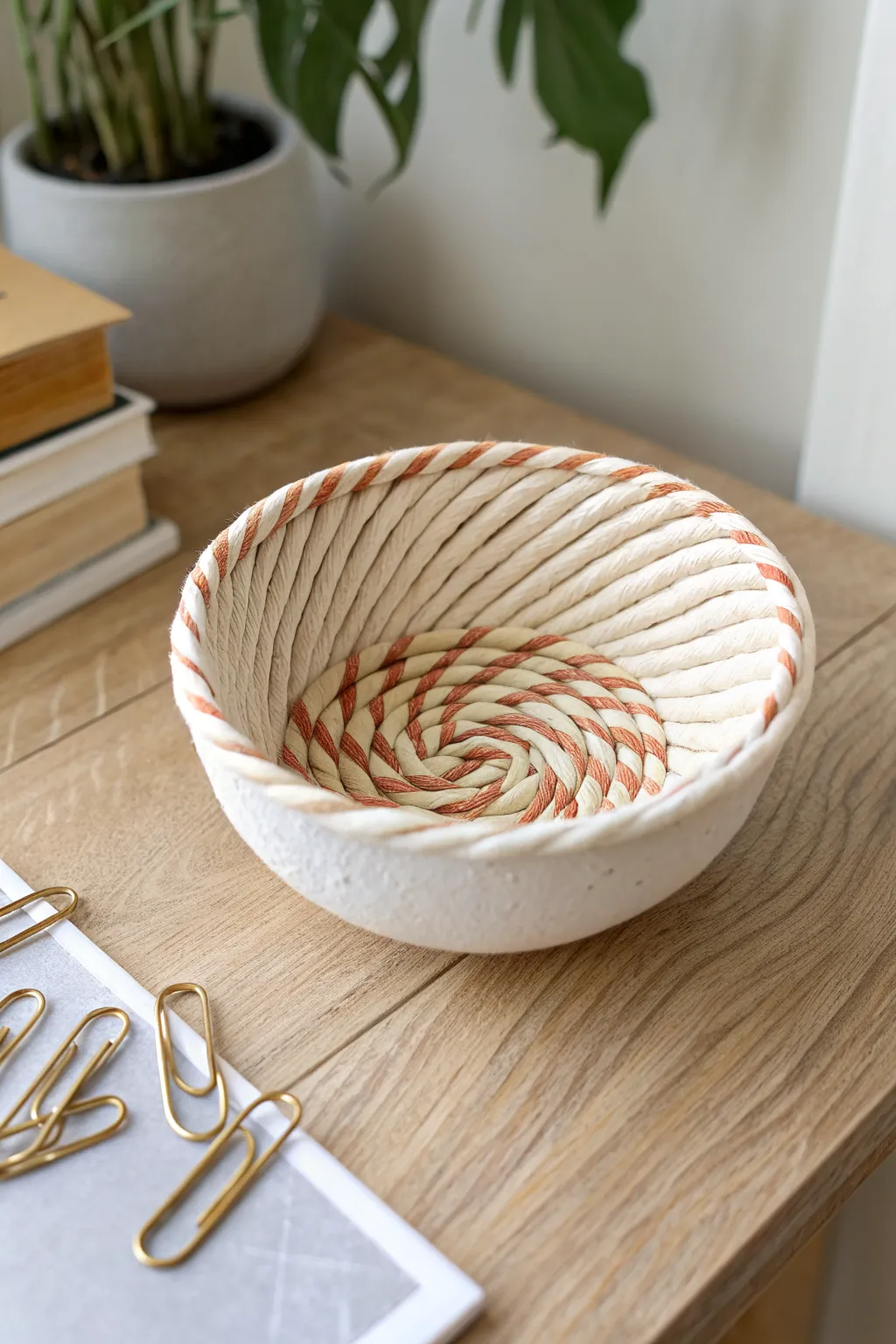 Coiled swirl polymer clay rope bowl in ivory and terracotta, styled as a chic paper-clip dish.
