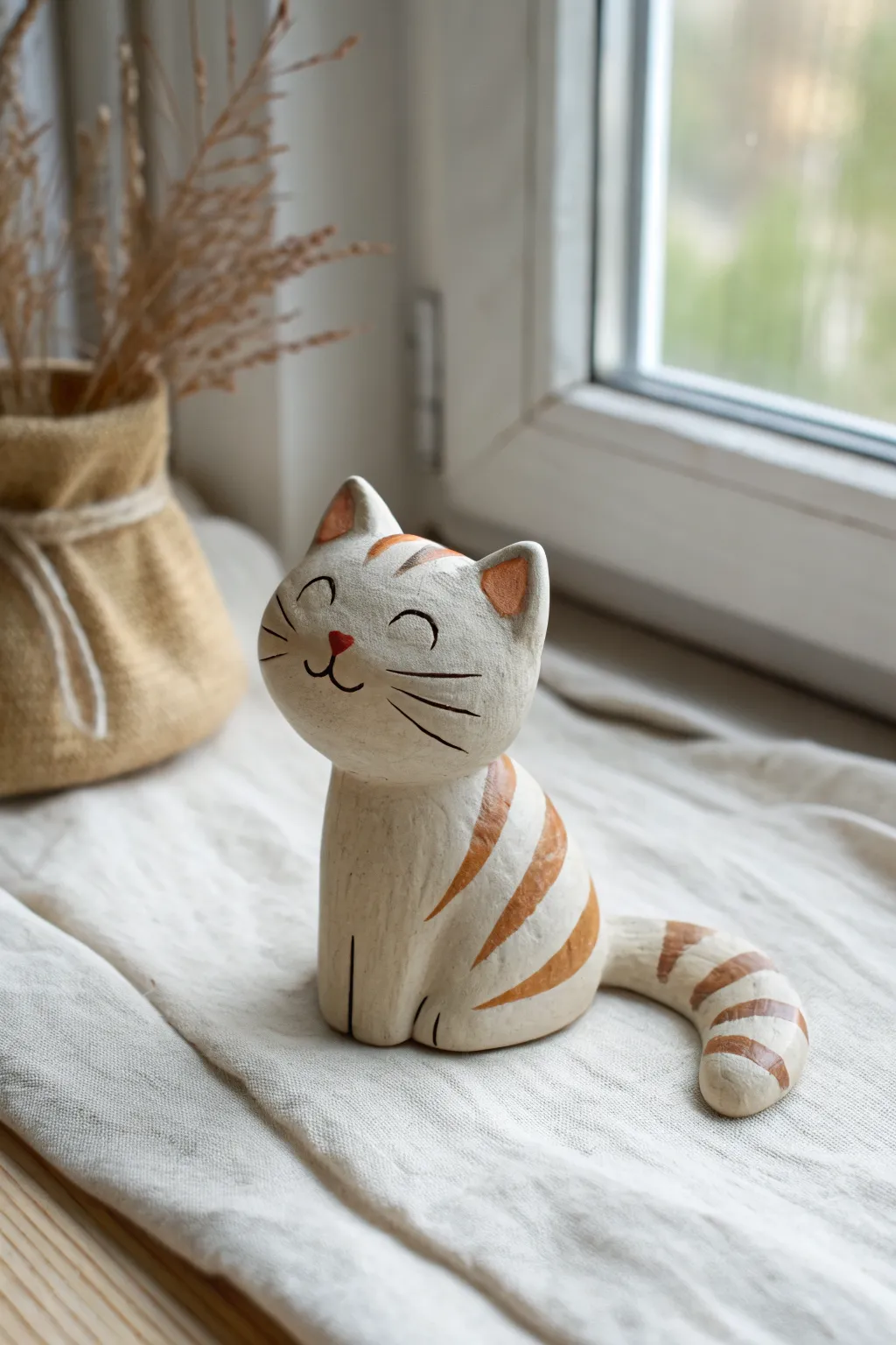 Minimal polymer clay tabby cat with layered stripe bands for a clean, cozy Scandinavian look
