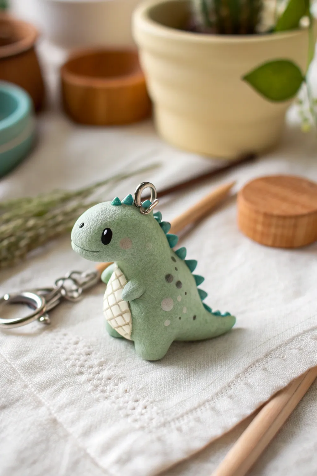 Chubby dino charm minis in soft greens and blues with clean eye pins, Nordic boho simplicity