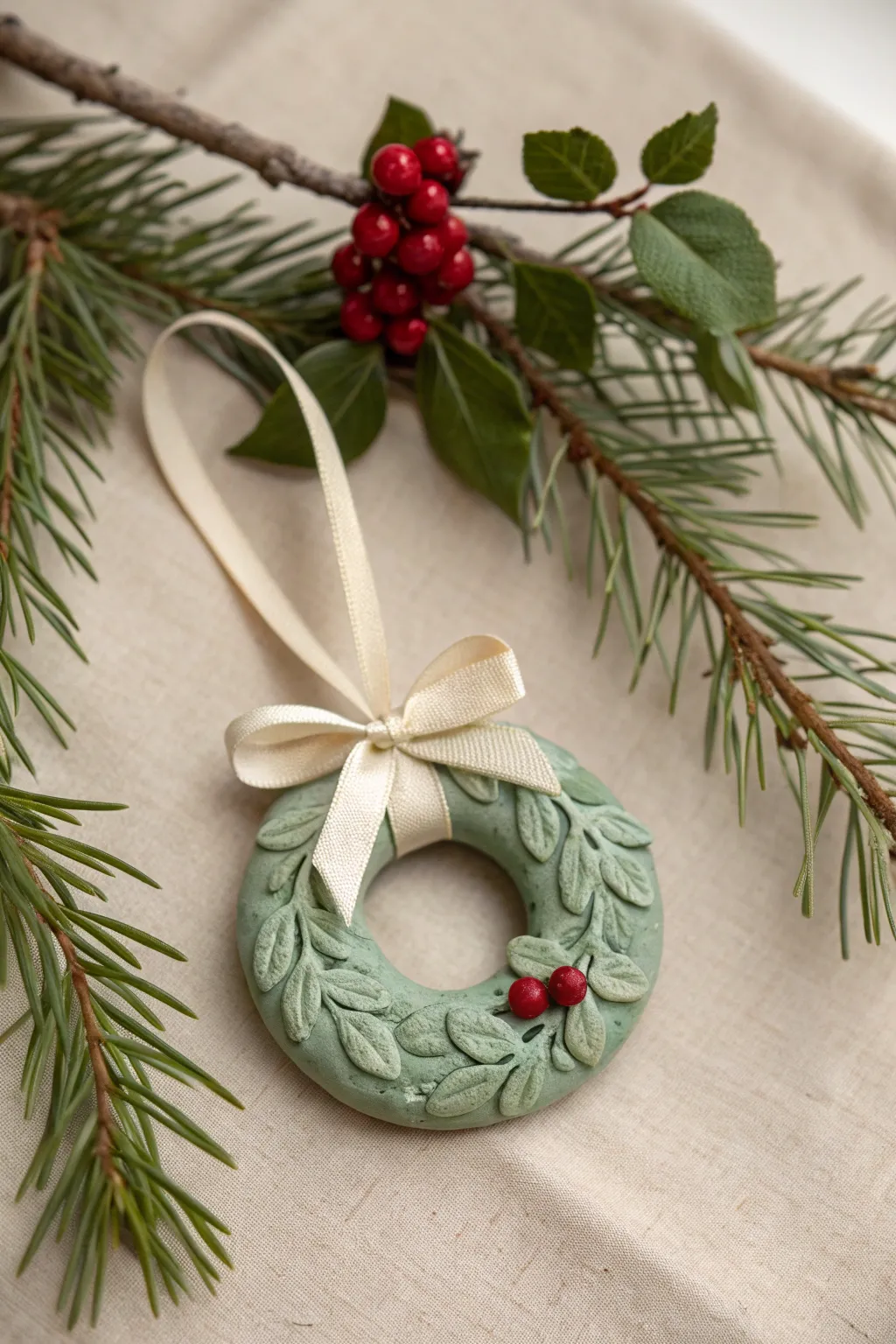 Minimalist polymer clay wreath ornament with a tiny red bow and berries, softly lit on pine.