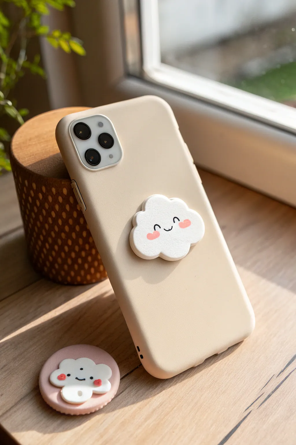 Minimal kawaii polymer clay cloud phone grip topper on a neutral case, soft light and contrast