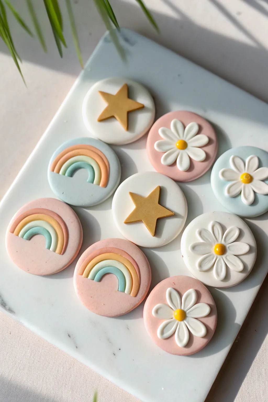 Six bright polymer clay fridge magnets in simple rainbow, star, and flower icons on white.