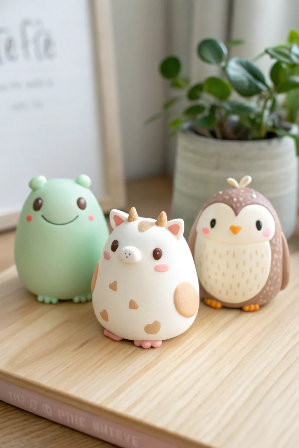 Three kawaii clay animal blobs for cute minimalist desk decor with a soft boho feel