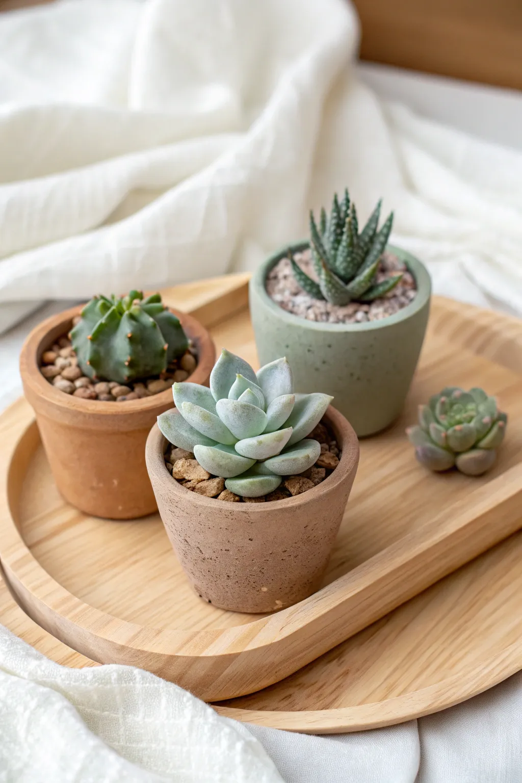 Tiny polymer clay succulents in mini pots, a cozy minimalist boho accent for your shelf.