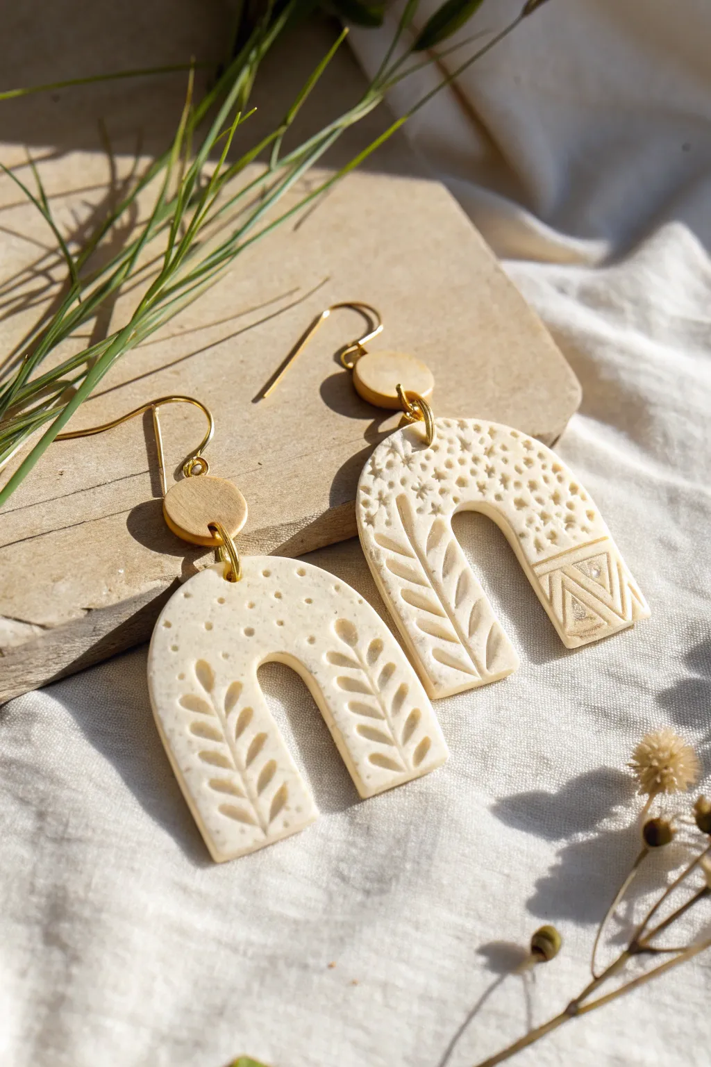 Bright, minimalist stamped polymer clay earring with crisp texture and simple botanical pattern