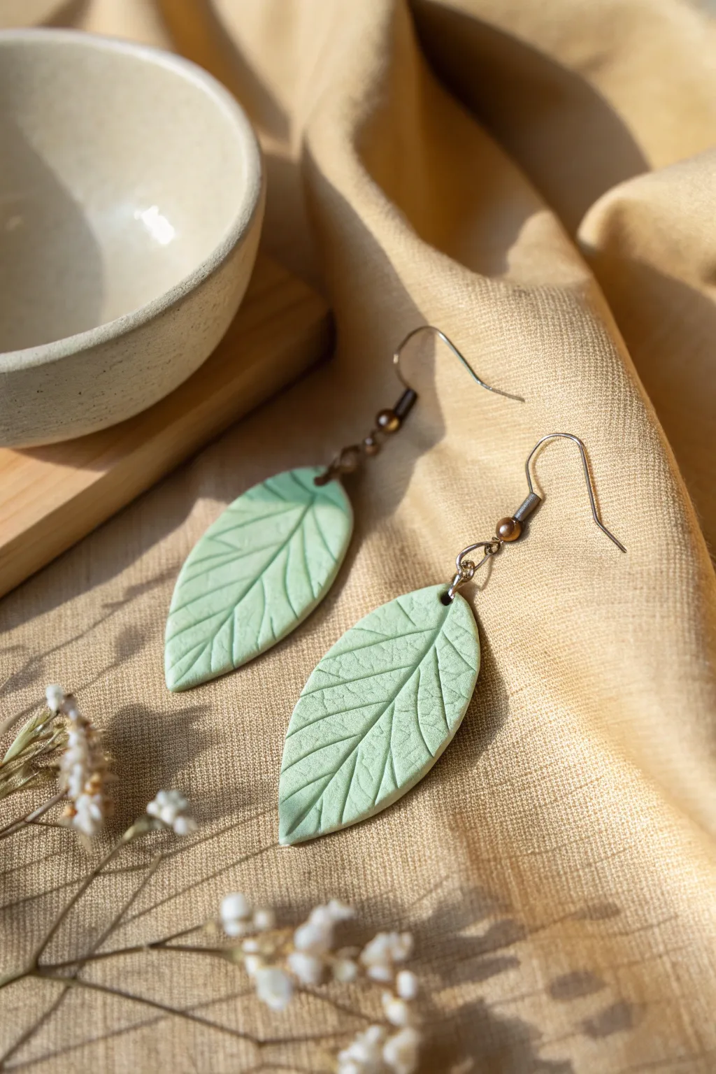 Sweet sage leaf polymer clay earrings with delicate vein texture on neutral linen styling
