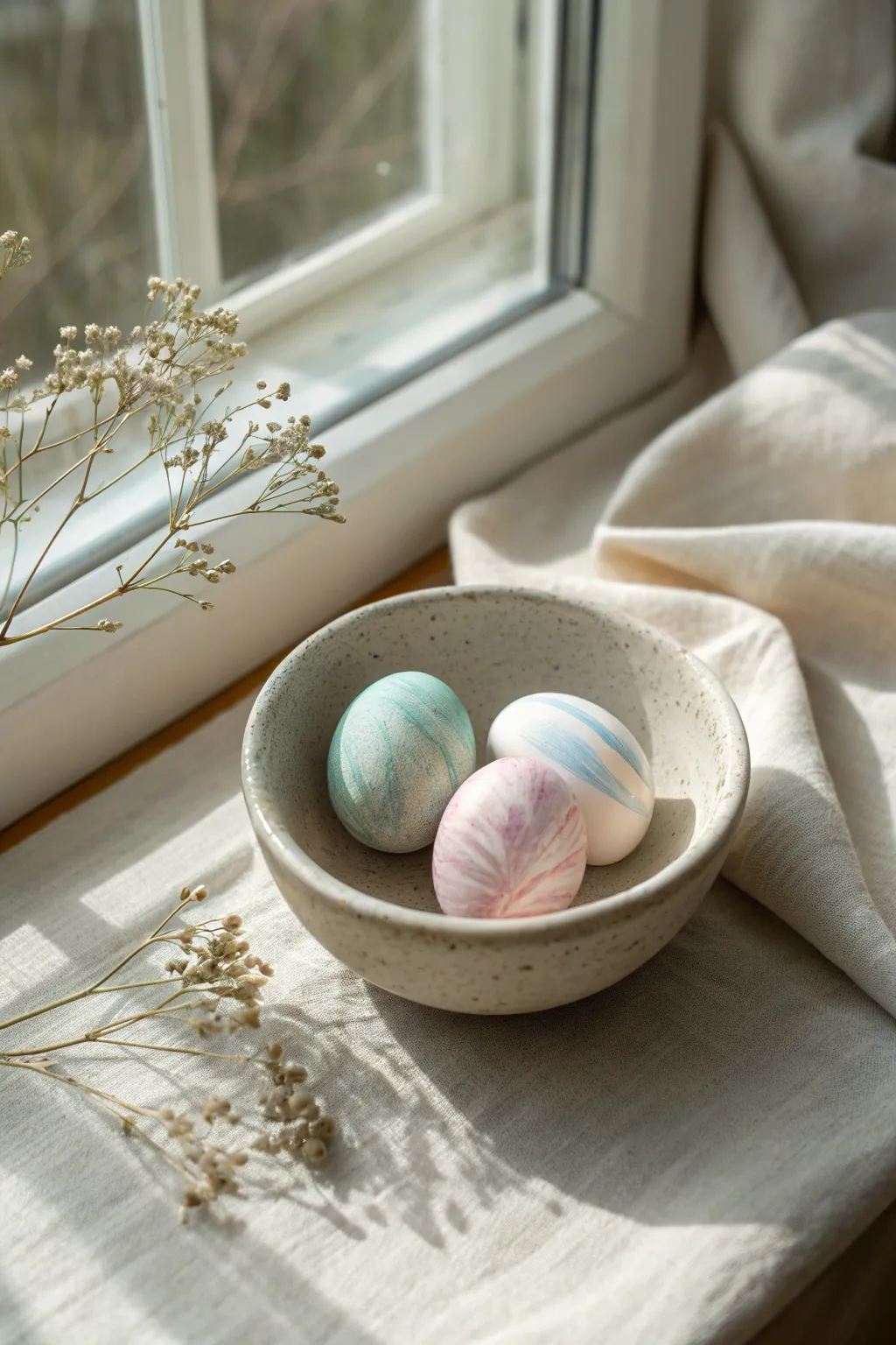 Soft pastel marbled polymer clay Easter eggs styled in a minimalist bowl for spring decor.