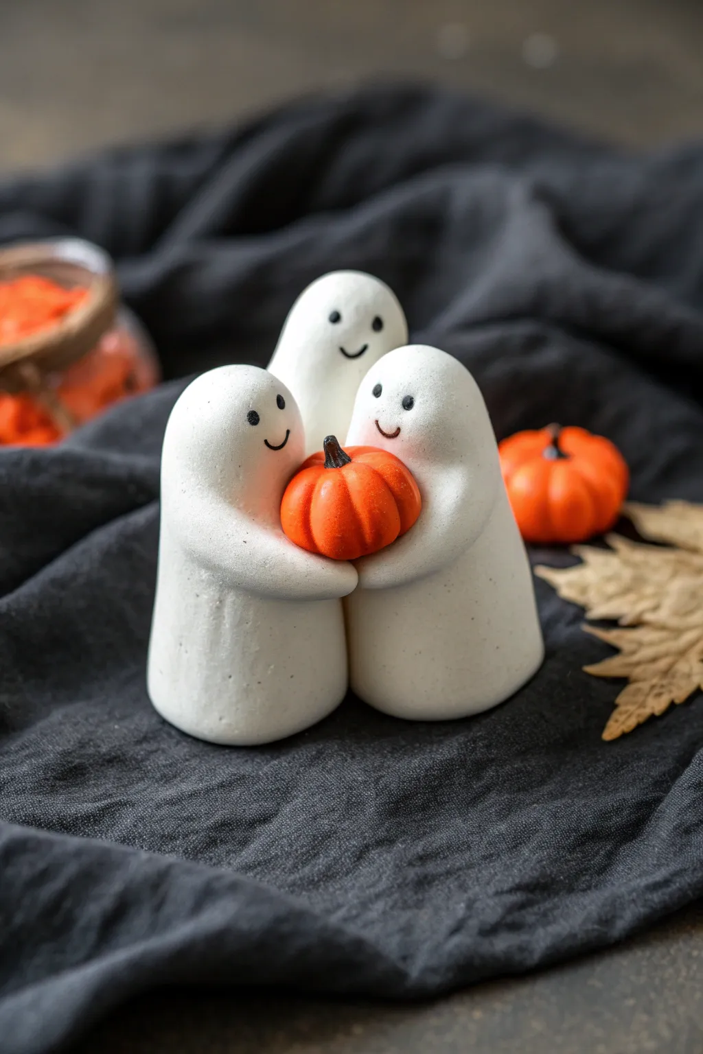 Tiny polymer clay ghosts hugging mini pumpkins for a cozy minimalist Halloween shelfie.