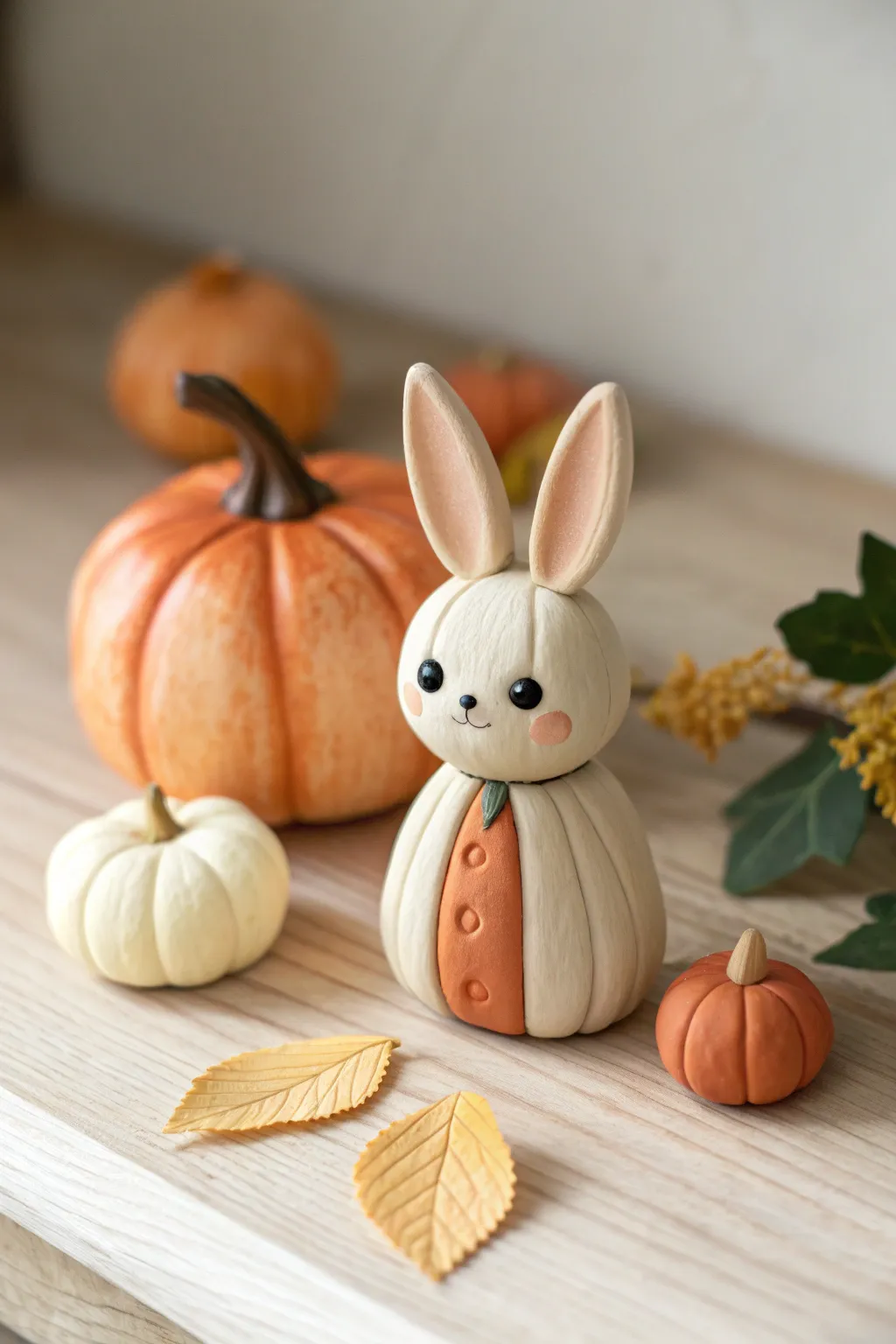 Minimal pumpkin patch bunny figure in soft neutrals with warm autumn accents and clean contrast