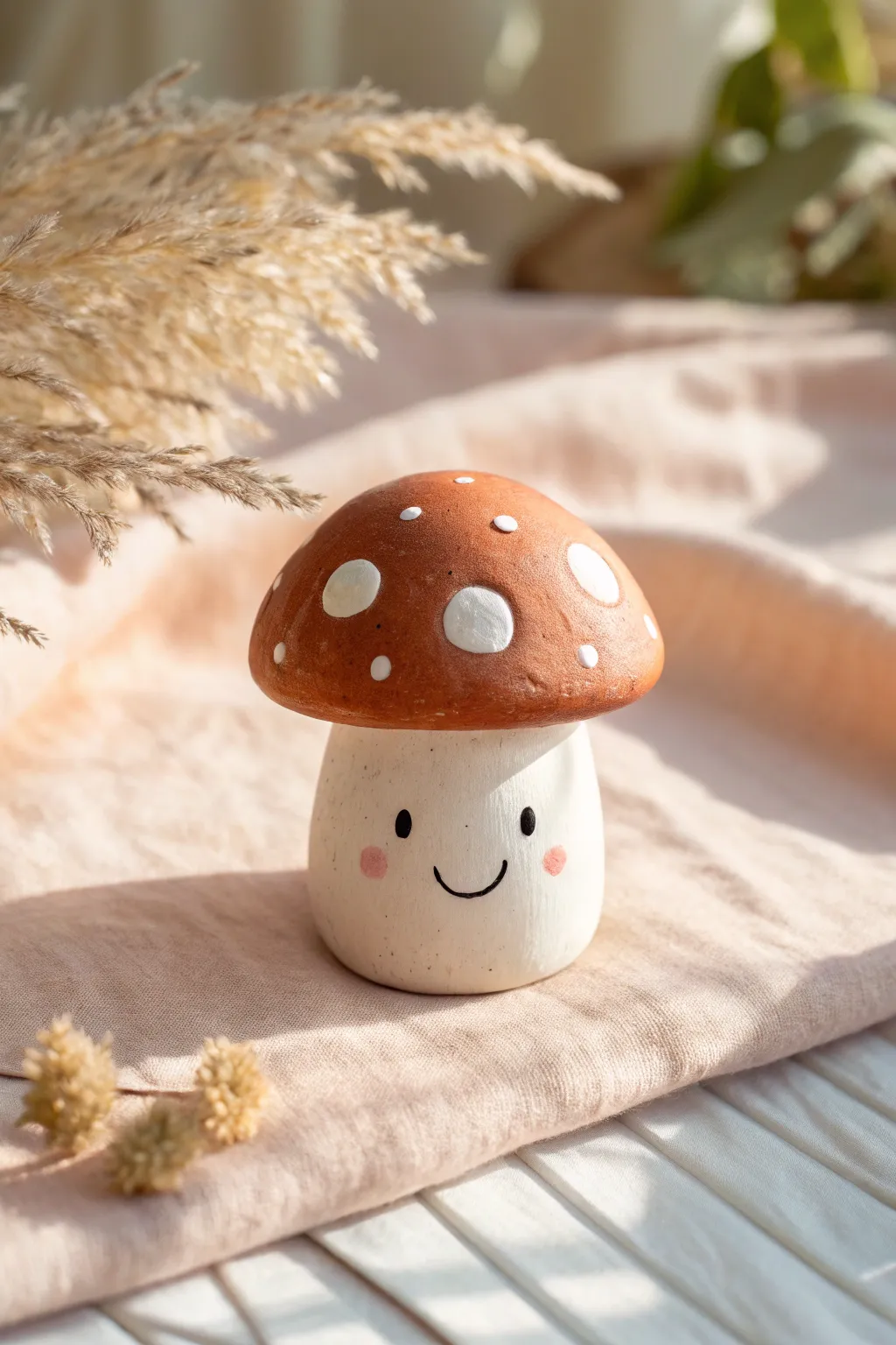 A cheerful kawaii mushroom buddy with simple white spots and tiny feet on a soft bright backdrop