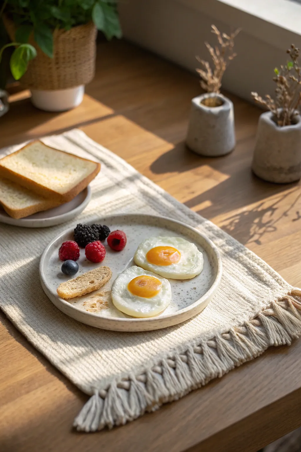 Mini polymer clay breakfast plate: sunny eggs, toast, and berries in a warm minimalist morning scene
