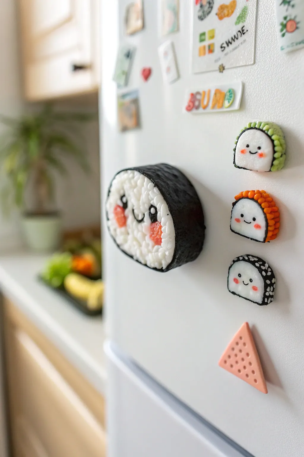 Adorable polymer clay sushi friends magnets for a minimalist fridge with a boho touch