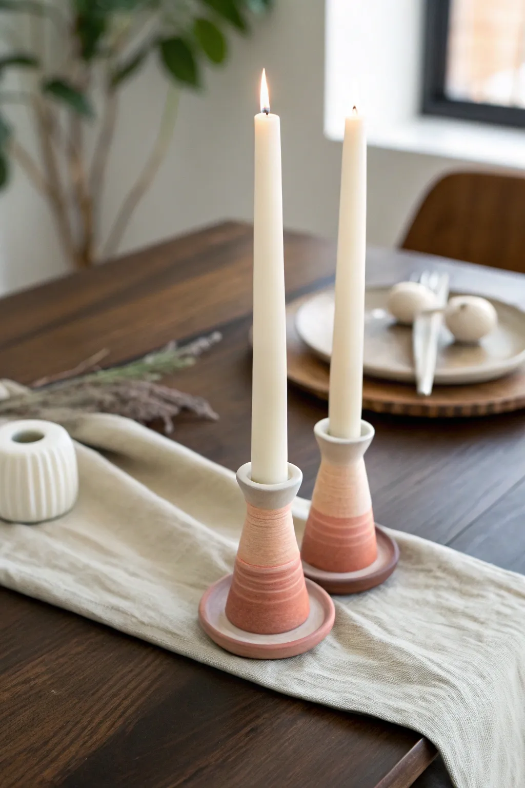 Soft ombre polymer clay candle holder set with taper candles, a cozy minimalist gift idea