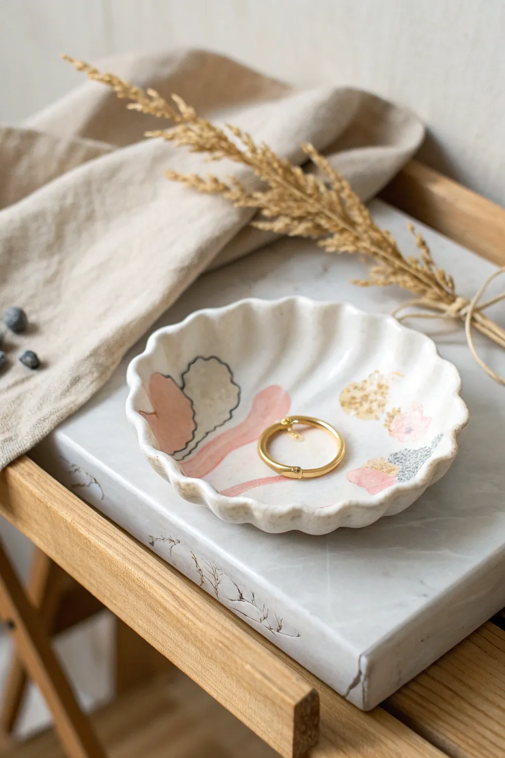 Marbled polymer clay ring dish with terrazzo speckles for a calm minimalist nightstand.
