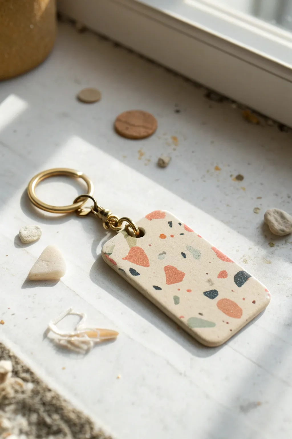 Speckled terrazzo polymer clay keychain tag with gold hardware, minimal and boho-chic.