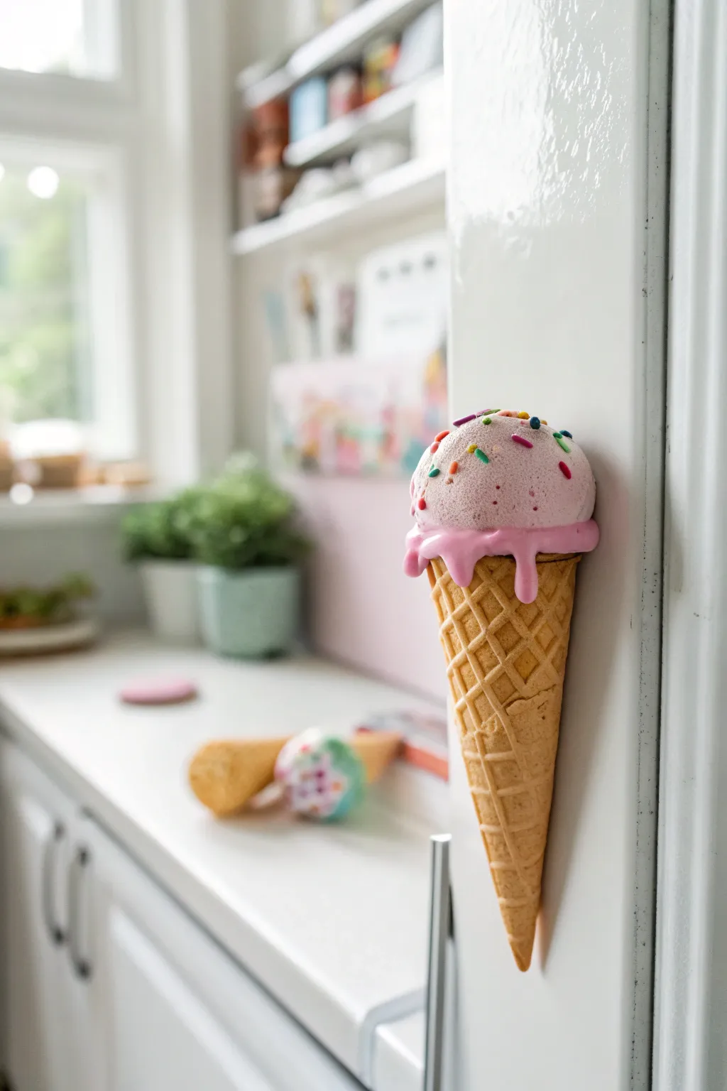 Sweet polymer clay ice cream cone magnet with drippy topping, minimalist fridge decor inspiration.