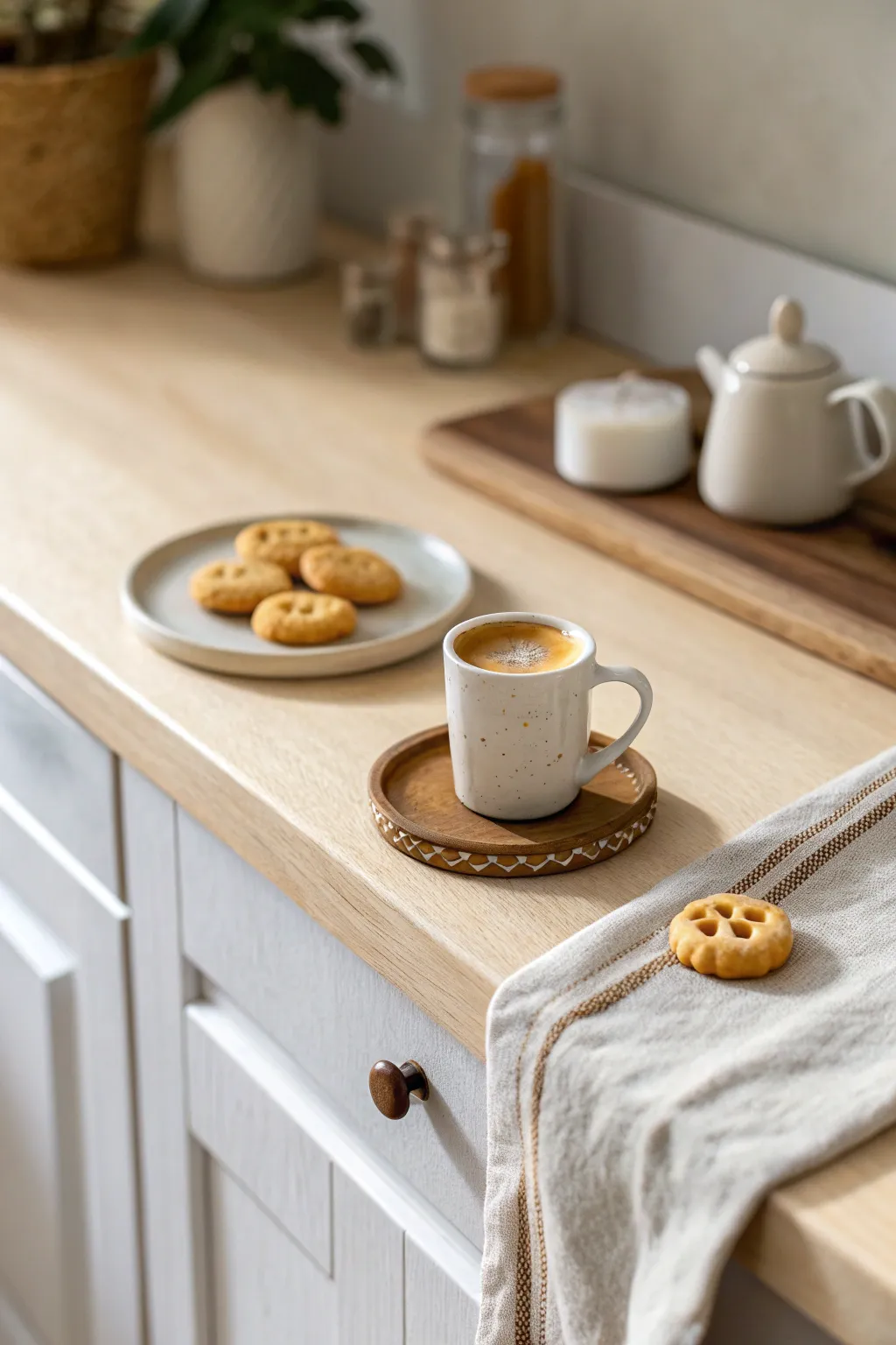 Mini polymer clay coffee corner: mug, pastry and plate on a clean dollhouse counter.
