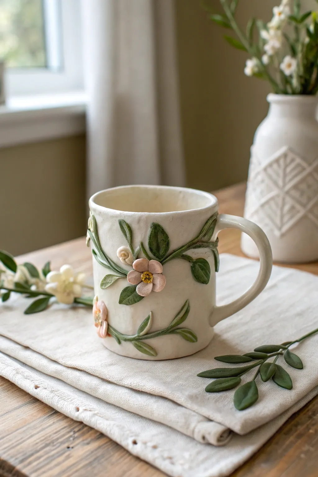 Cottage garden polymer clay mug with soft vines, blooms, and a cozy minimalist vibe