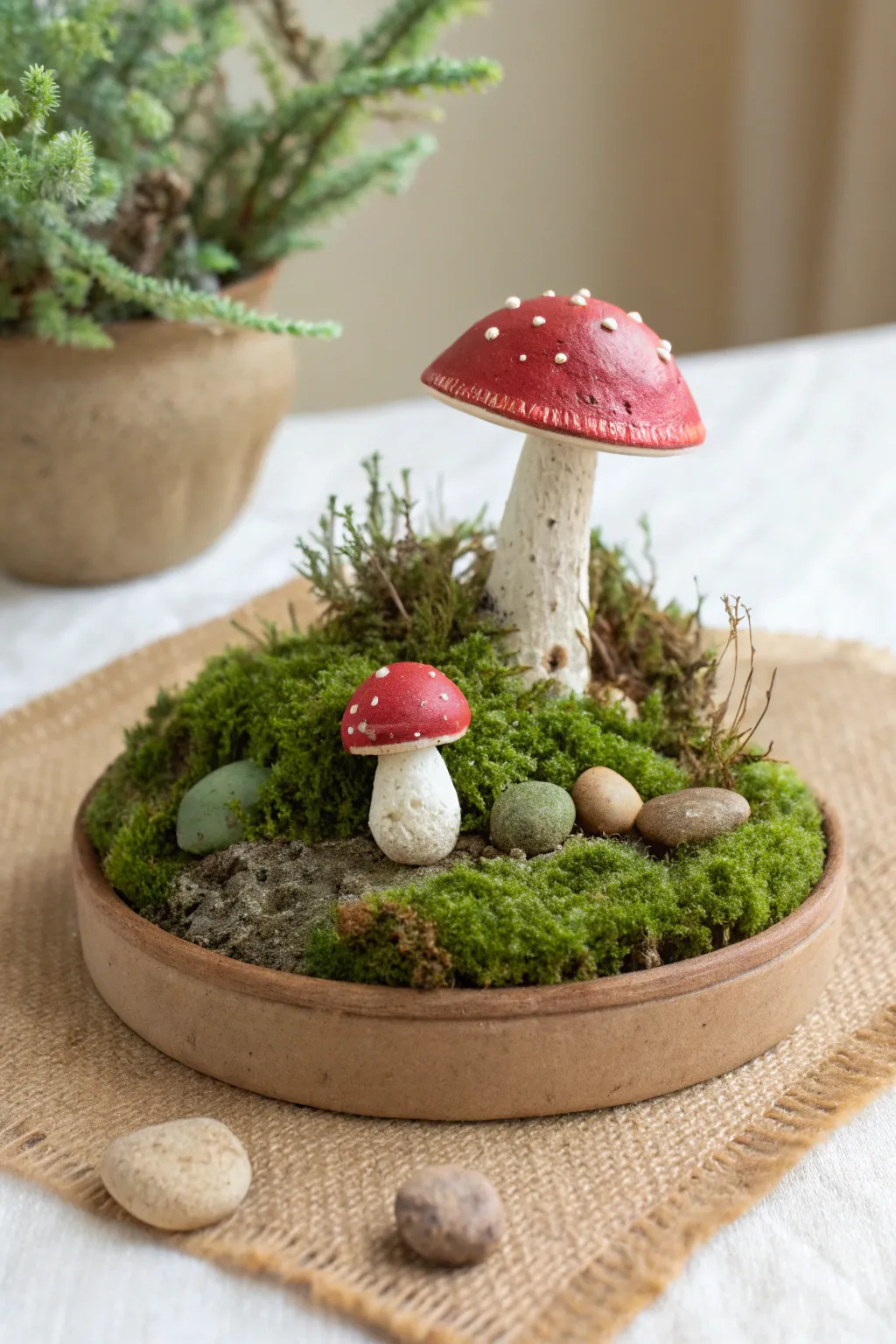 Mini polymer clay mushroom diorama on a mossy hill base, simple, cozy, and display-ready.