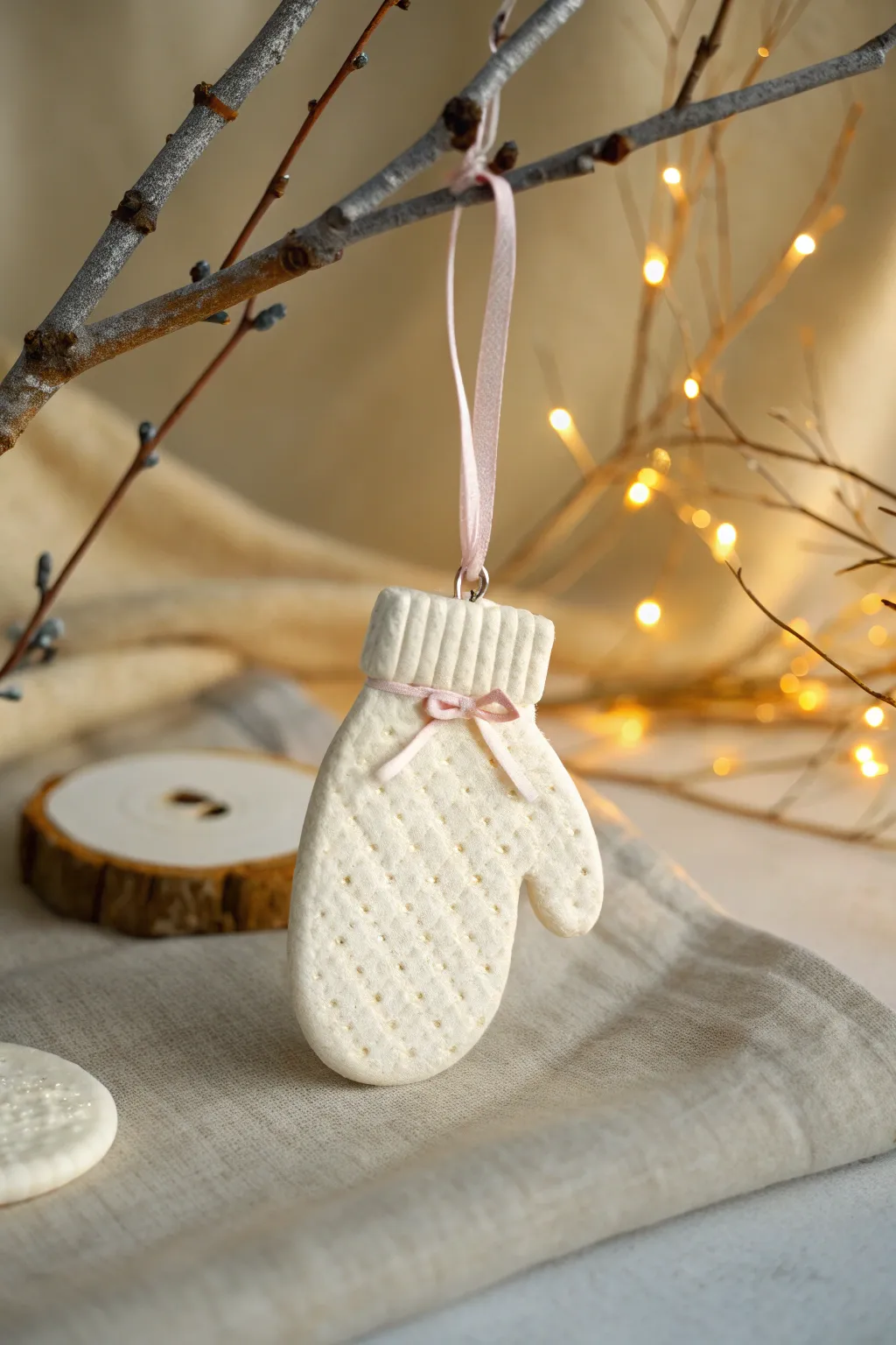 Cozy knit texture polymer clay mitten ornament, minimal boho holiday decor in warm light.