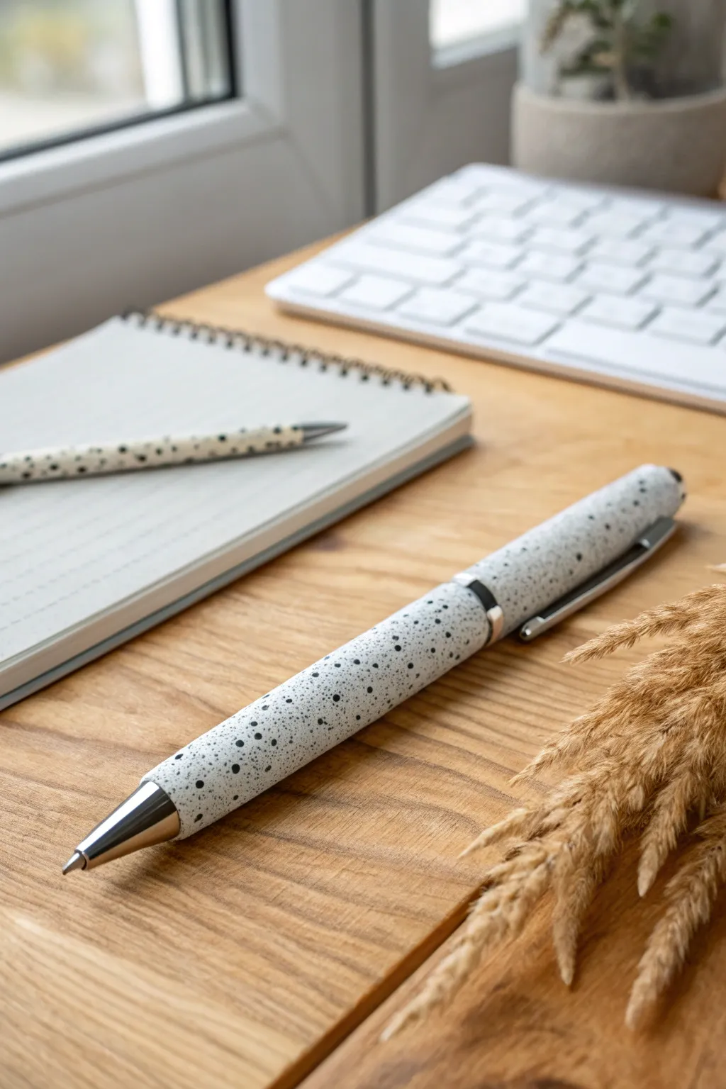 Minimal granite-speckled polymer clay pen on warm wood, clean Scandinavian style with soft boho warmth