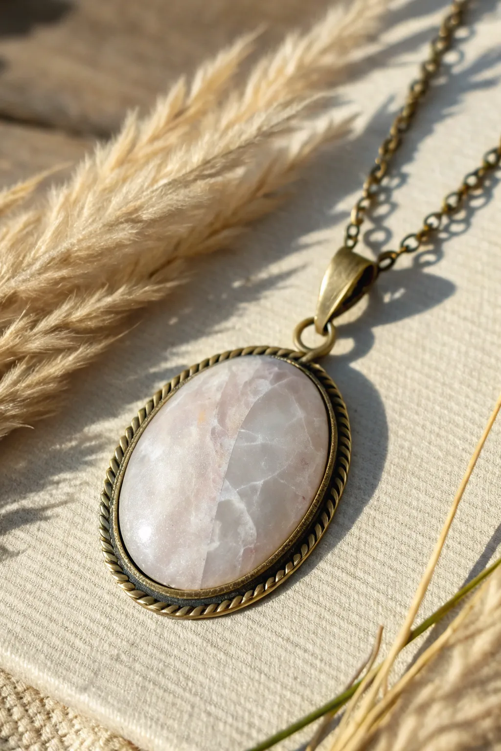 Minimal faux stone cabochon pendant with soft veining and a simple matte brass bezel