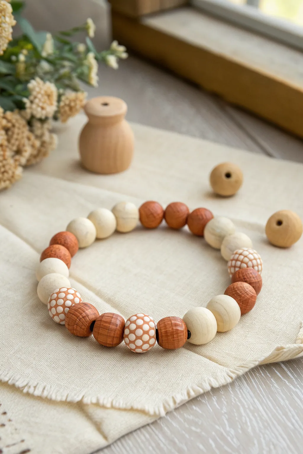 Checkerboard-inspired bead rhythm in soft terracotta and ivory, minimalist and handmade