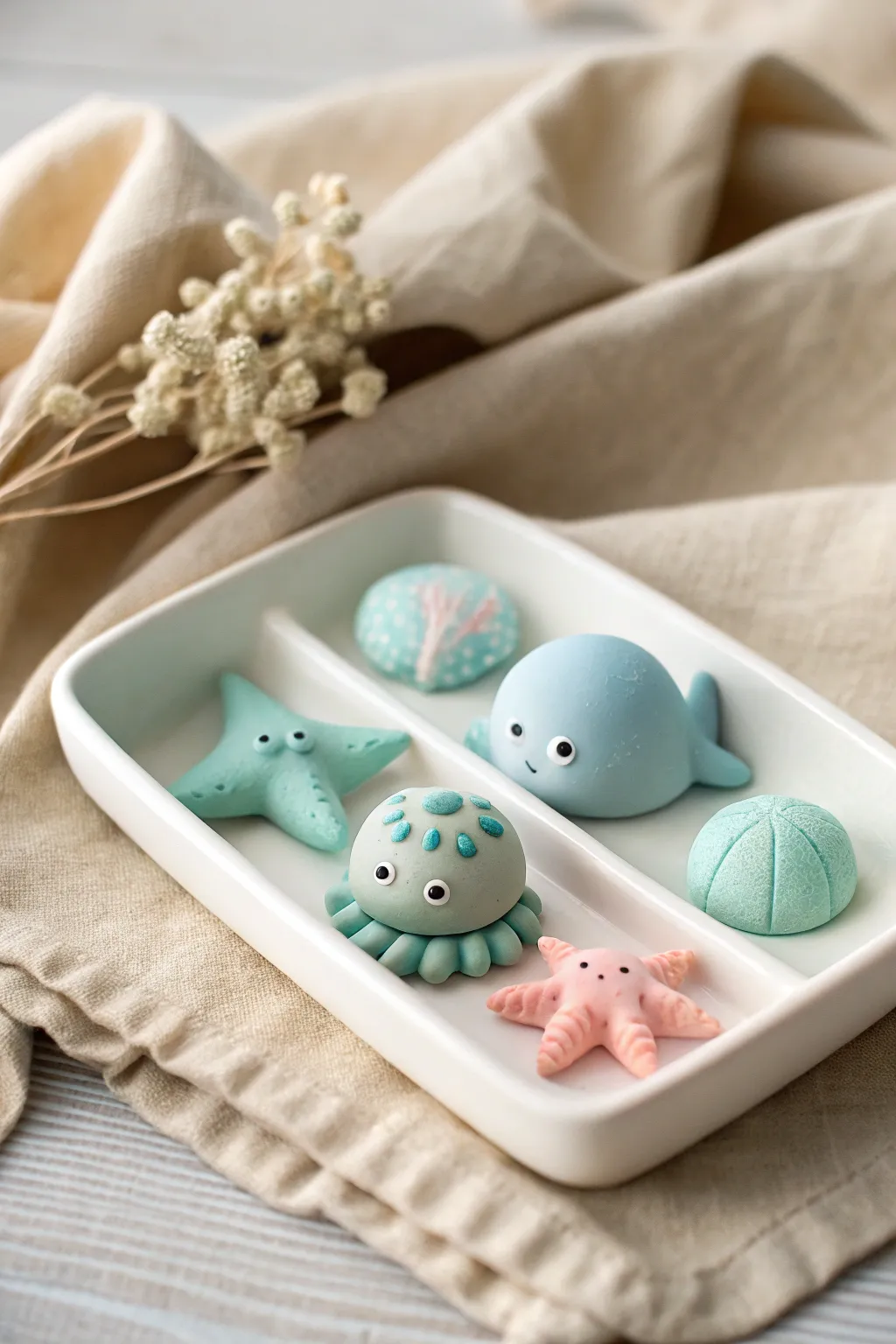 Mini polymer clay sea creatures in a cohesive set, simple shapes, soft pastels, coastal charm.