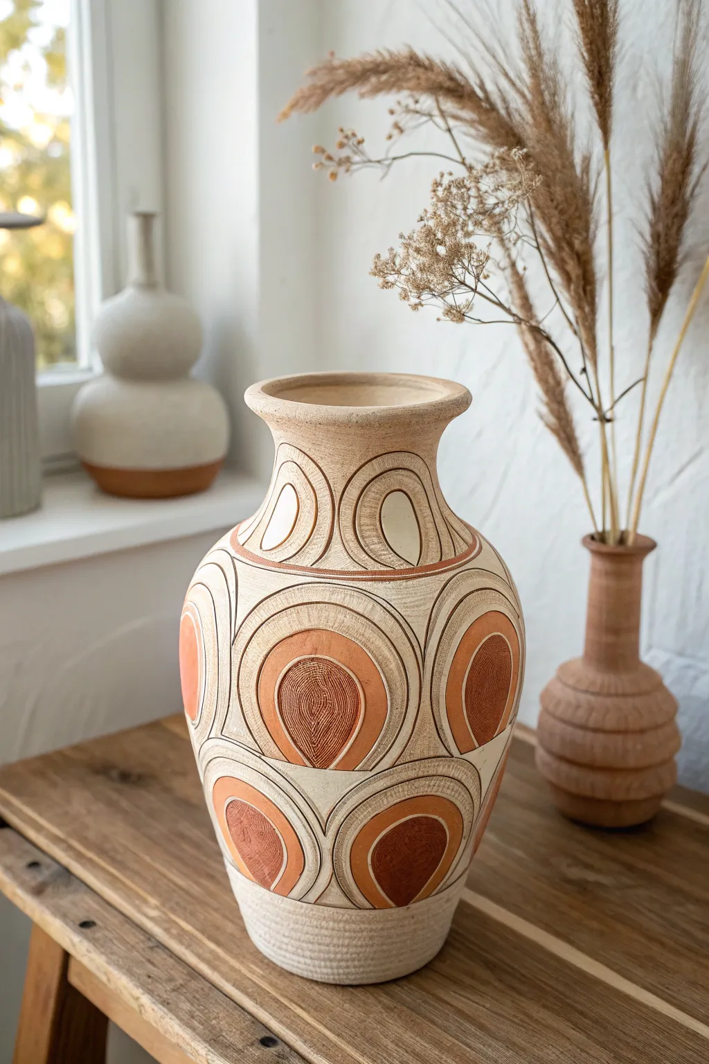 Chunky arch and circle polymer clay vase in soft neutrals, a minimalist boho statement piece