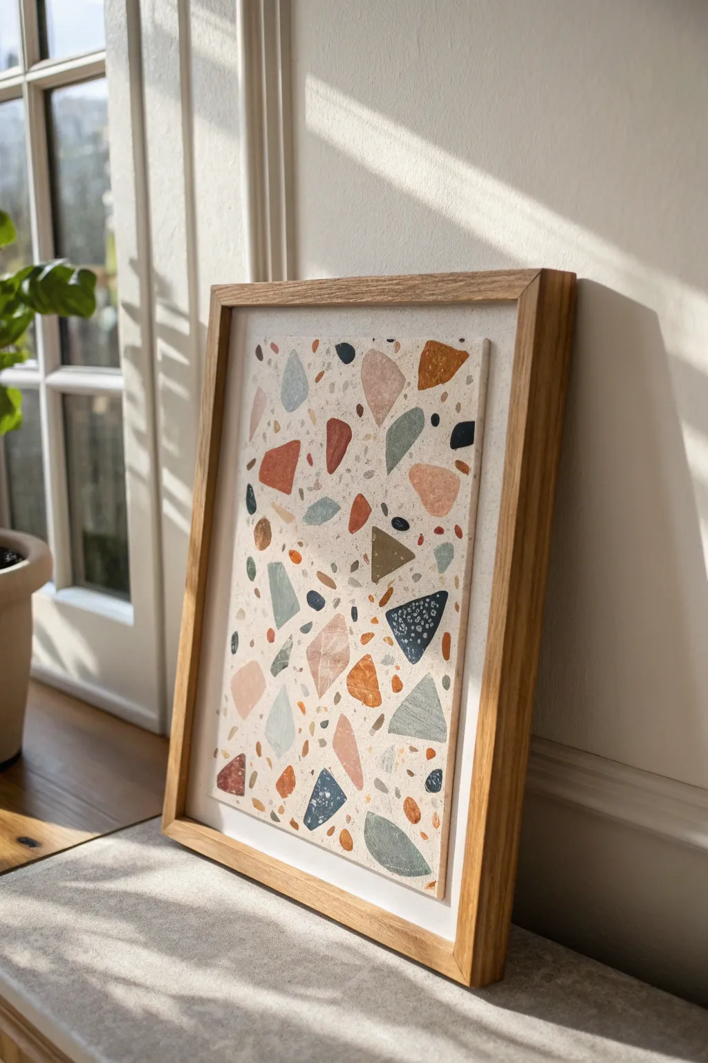 Terrazzo-style polymer clay mosaic in a light oak frame, a minimalist boho wall statement.