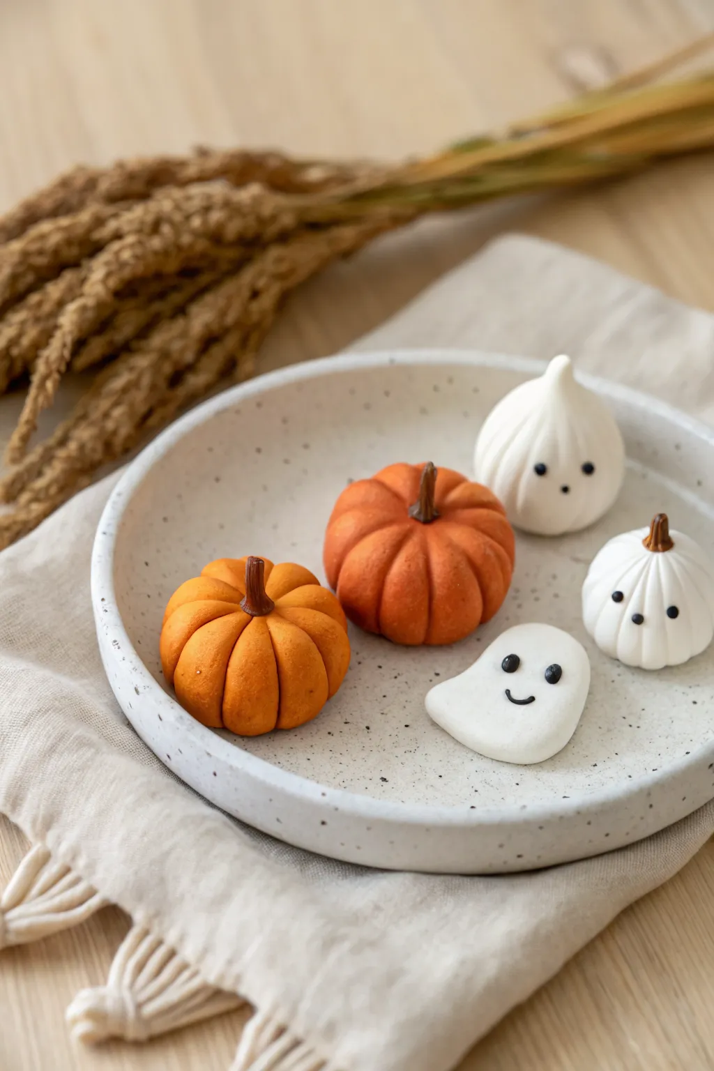 Tiny polymer clay pumpkin and ghost minis for an easy cozy Halloween display on a minimalist tray.
