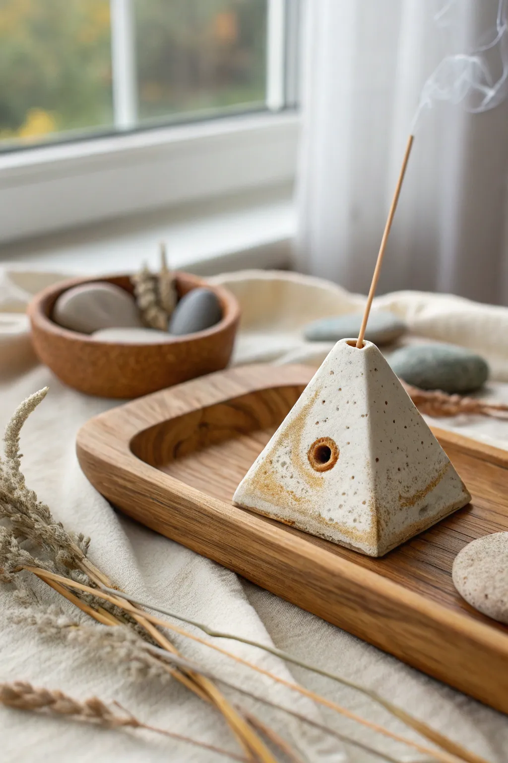 Minimal polymer clay incense holder in calm spa styling, soft neutrals, clean contrast