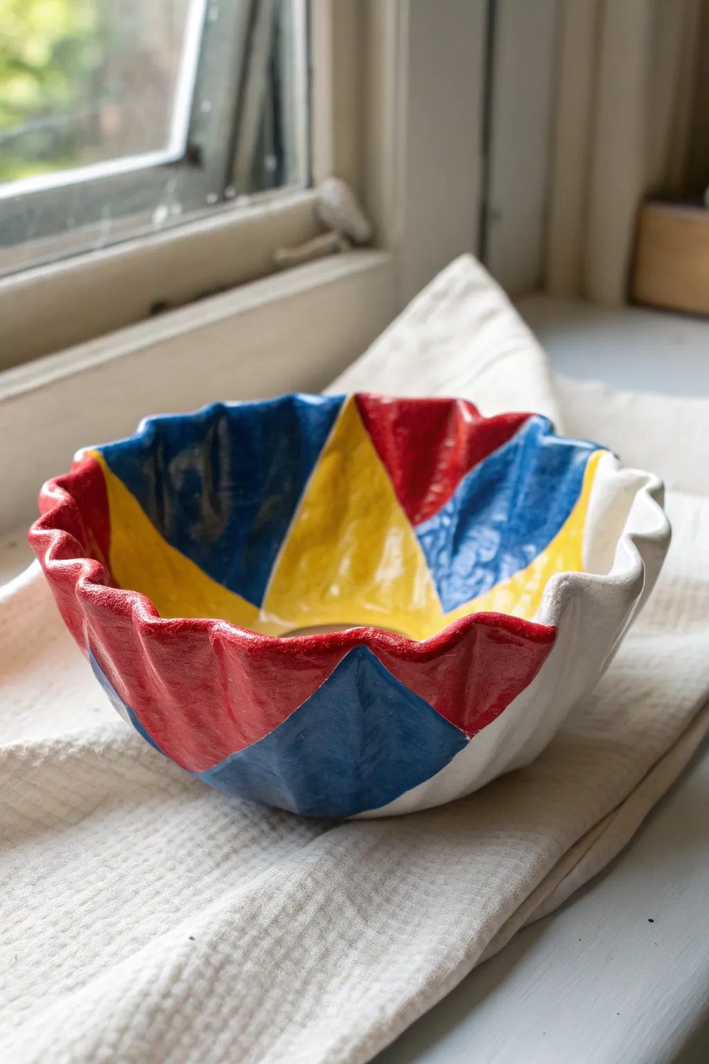 Pop art pinch pot bowl shaped like a crinkled candy wrapper, glossy primary colors and bold folds
