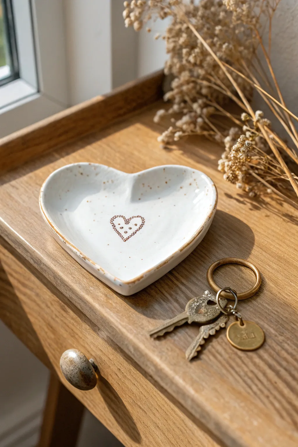 Heart-shaped porcelain trinket tray, a minimal entryway catchall for keys and tiny treasures.