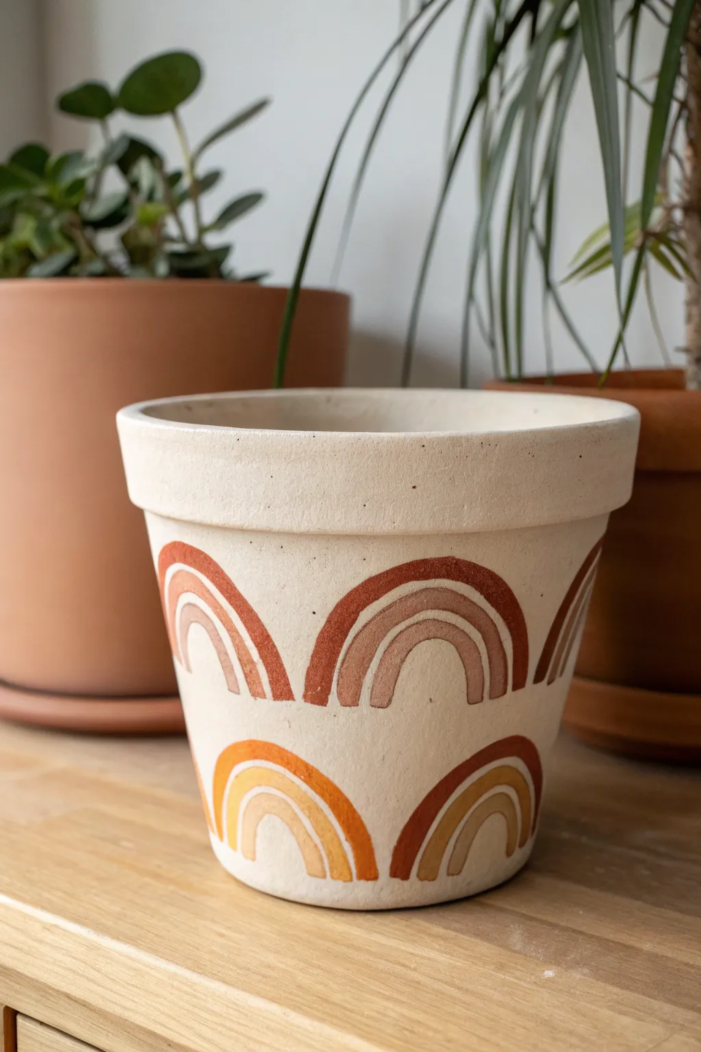 Minimalist rainbow arches in warm earth tones for a cozy, modern pot painting idea