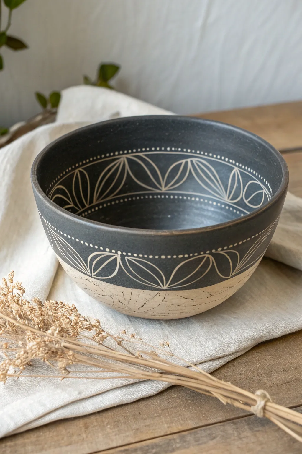 High-contrast sgraffito bowl with clean carved linework and a soft minimalist boho vibe