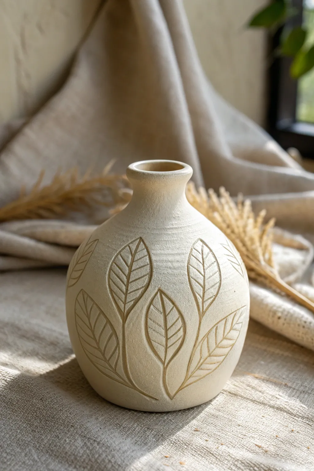 Minimal bud vase with simple raised leaf silhouettes, softly carved for calm, modern contrast.