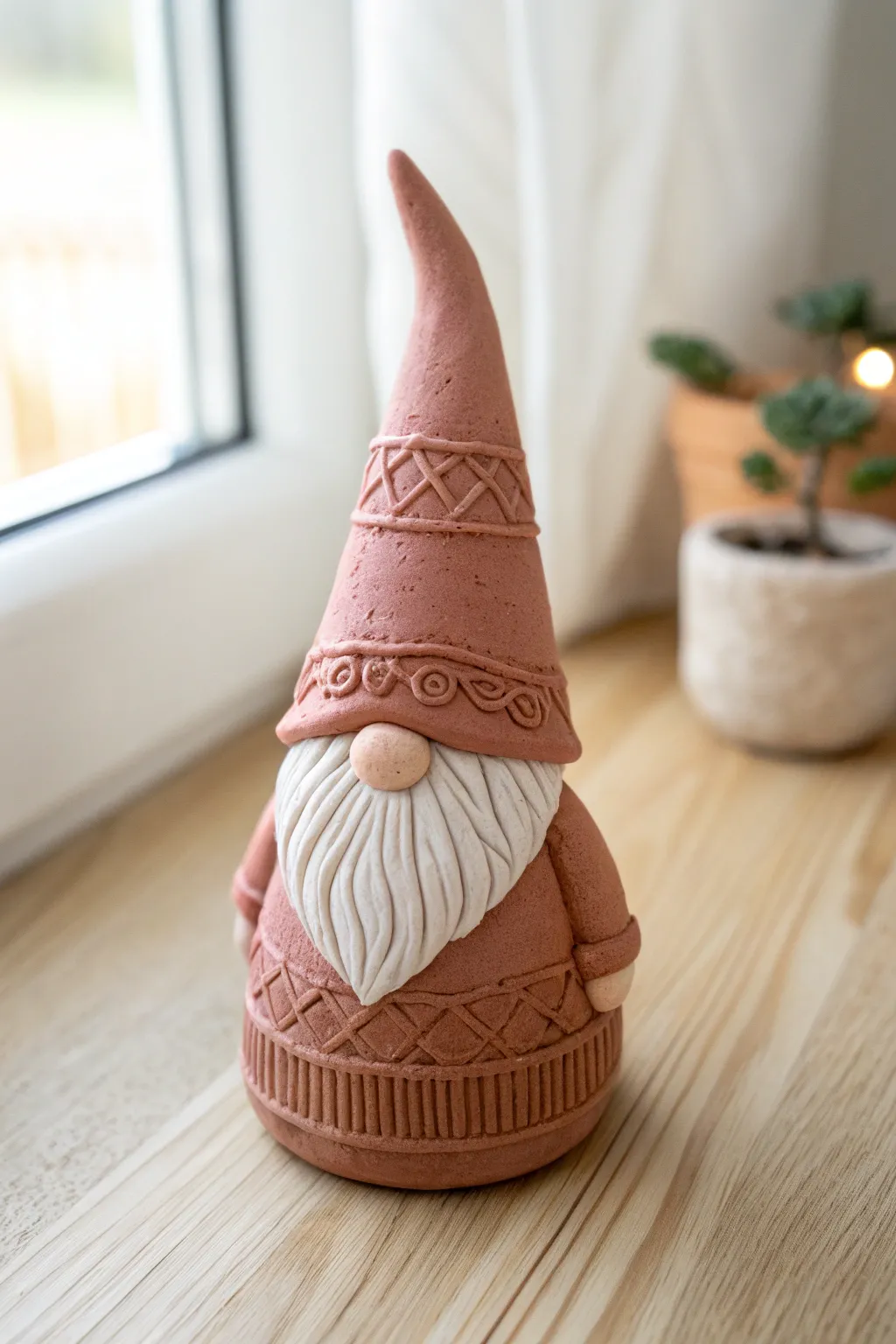 Cozy knit sweater clay gnome with textured beard, minimalist Scandi boho decor inspiration.