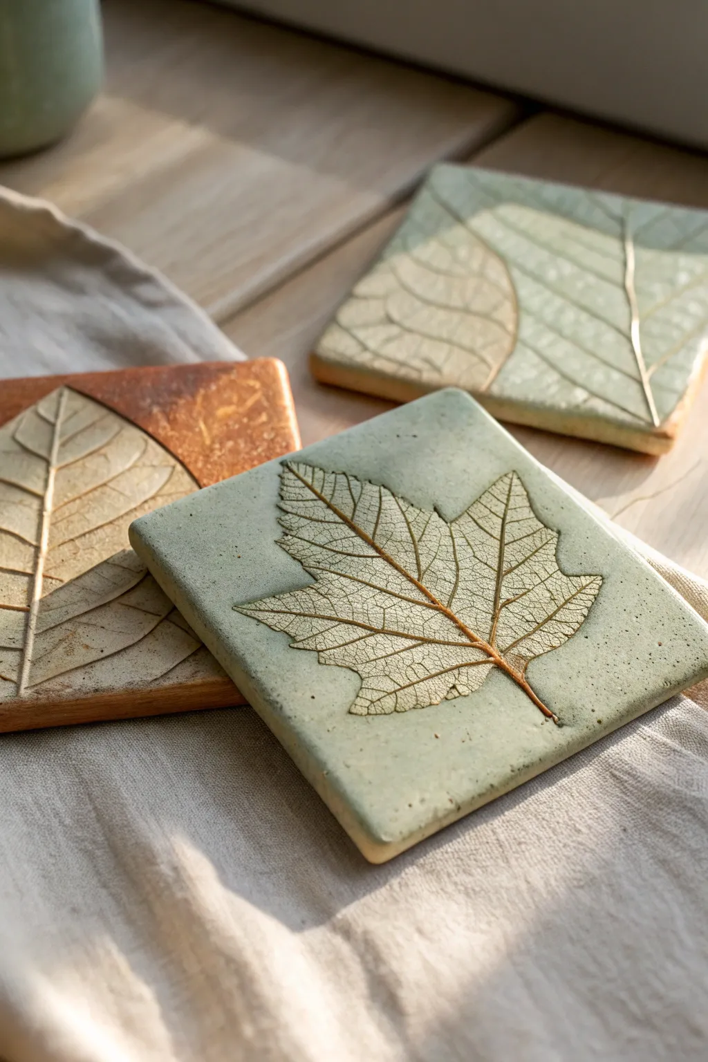 Leaf print clay tiles for kids, easy nature stamping at home in soft minimalist boho neutrals.